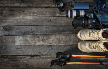 Photographer's items, for travel. Top view of tools.
