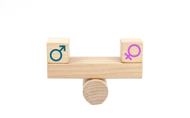 Concept of gender equality. Wooden blocks with male and female symbols on a balanced seesaw on...