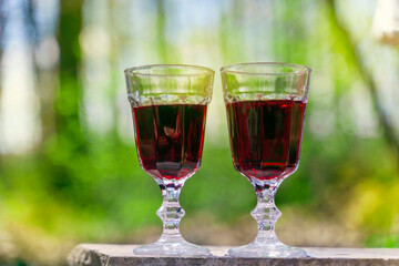 Two glasses of red wine on a blurred green background. Stand on a concrete table