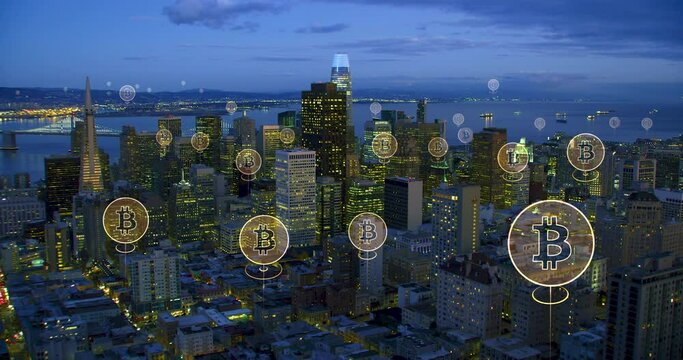 Animation of Cryptocurrency over Buildings in the Financial District. Augmented Reality over San Francisco. Aerial View of City Skyline With Bitcoin Logos.  United States.