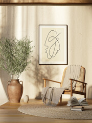 3d Mediterranean summer cool bohemian interior with a mockup canvas frame art and a modern rattan lounge chair	
