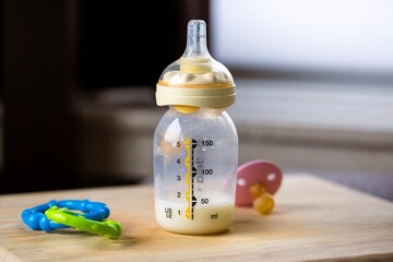 A close up portrait of a baby bottle with a bit of formula still in it standing on a wooden plank. The glass nursing bottle still has some milk in it and has a rubber dummy nipple, or bottle teat. - Powered by Adobe