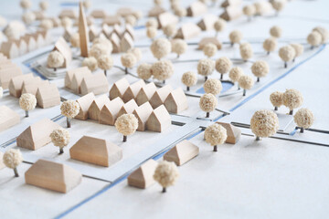 Modell eines Dorfs, Architektur und Baukunst an einem Ortsrand