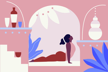Woman exercising yoga vector illustration. Yogis in poses, woman practicing asana texture. Relaxing environment. Concept of meditation. Beautiful room and plants. Cartoon flat style. Healthy lifestyle