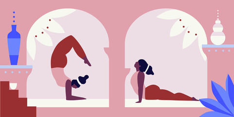 Fototapeta premium Women exercising yoga vector illustration. Yogis in poses, women practicing asana texture. Relaxing environment. Concept of meditation. Beautiful room and plants. Cartoon flat style. Healthy lifestyle