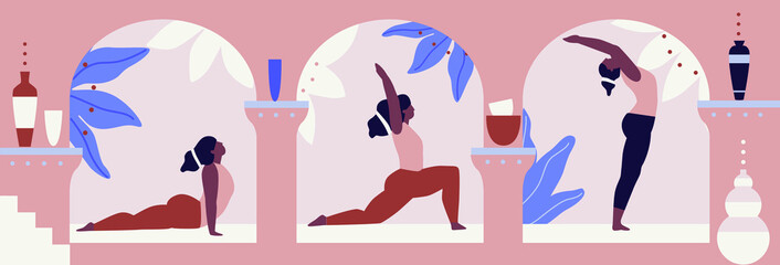 Attractive flexible dark-skinned female doing yoga, standing on floor in warrior 1 pose.Woman exercising yoga vector illustration. Yogis in poses, woman practicing asana texture. Relaxing environment.