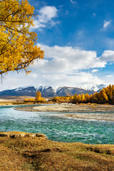 Autumn landscape with beautiful view of mountains and river