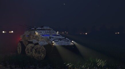 3D rendering. Armored personnel carrier with glowing headlights isolated on dark night background, military equipment
