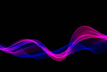 Obraz premium Movement of blue and magenta horizontal lines of a transparent wave on a dark background