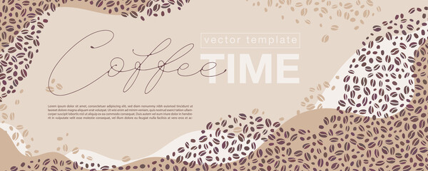Hand drawn horizontal banner for marketing campaign, advertising, promotions. Colored coffee beans and Coffee time lettering in the center with text boxes.