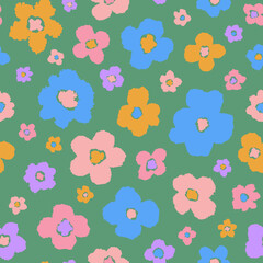 Retro flower power seamless repeat pattern. Multicolored, distracted vector ditsy daisy all over surface print on sage green background.