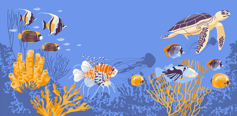 Plakat Inhabitants of the underwater marine world, elements of flora and fauna Sea turtle, coral fish, elf, coral. flat vector illustration.