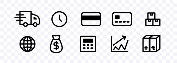 Payment and delivery. Payment and delivery black vector icons. Web icons isolated on transparent background. Vector clipart.