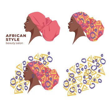 dark-skinned african american in a handkerchief with a print. Portrait, logo for beauty salons. Traditional african ethnic style