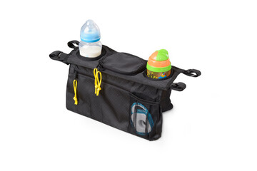 Universal baby stroller organizer, with baby bottles inside isolated