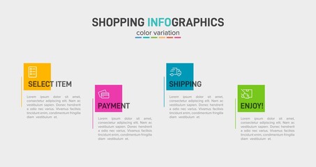 Concept of shopping process with 4 successive steps. Four colorful graphic elements. Timeline design for brochure, presentation, web site. Infographic design layout.
