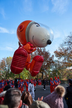 Snoopy Balloon At Thanksgiving Parade In NYC. Macy's Parade In Manhattan