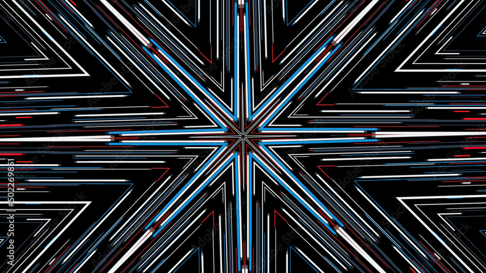 Poster hypnotic abstract kaleidoscope with moving neon rows of lines changing their color. animation. live 