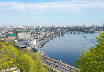 Naklejka premium River Dnipro and Podil district Kyiv Ukraine springtime