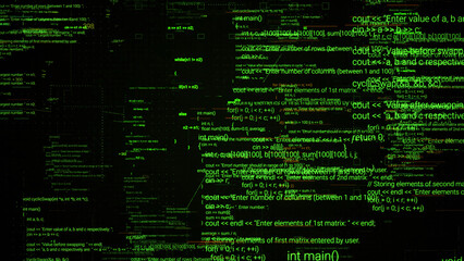 Abstract computer monitor with moving symbols. Animation. Green linux terminal commands on black background, conept of operating systems and technologies. - obrazy, fototapety, plakaty