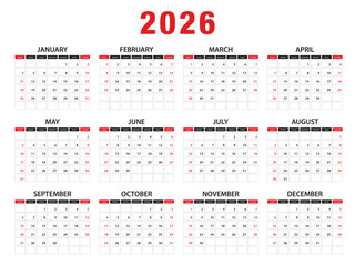 2026 Calendar year vector illustration. week starts on Sunday, Simple planner design template, desk calendar 2026 year, wall calendar 2026 template, print media, advertisement - obrazy, fototapety, plakaty