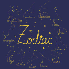 Zodiac constellations on the dark night sky. Design elements