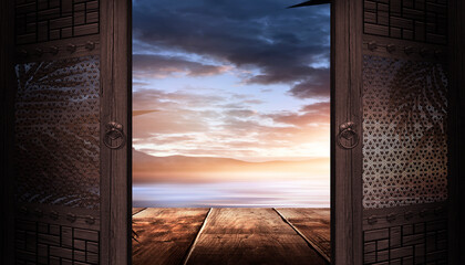 Open oriental old wooden doors. Landscape behind the door. Fantasy. 3D illustration