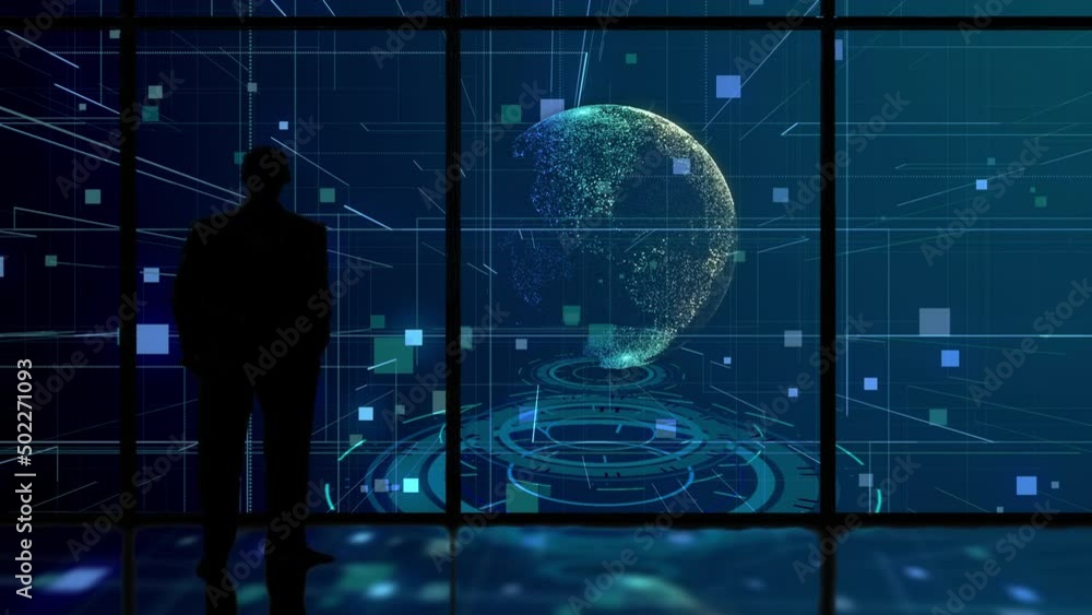 Canvas Prints man looking at planet earth holograph in futuristic cyberspace