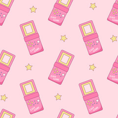 Pink retro electronic game seamless pattern. Vintage style pocket brick game vector illustration.