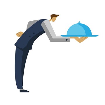 The waiter serves the dish. Vector illustration of an employee in a restaurant. Flat style. Character in Uniform.