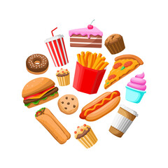 Fast food meals set in circle. Junk food. Unhealthy food. Classic burger, french fries pack, hot dog, pizza, burrito, shawarma, soda drink, cake, donut, cookie. Flat vector illustration	
