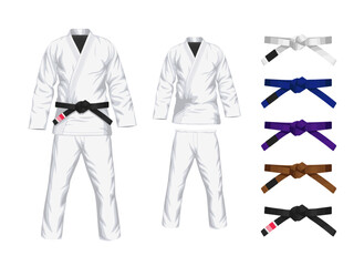 BJJ White Gi flat vector illustration. Kimono and pants with all belts  vector illustration in flat style. Brazilian Jiu-Jitsu kit. Isolated. on black background.	
