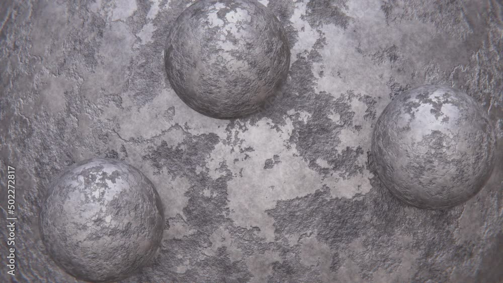 Poster realistic looping satisfying 3d animation of the textured old weathered concrete sphere with orbital