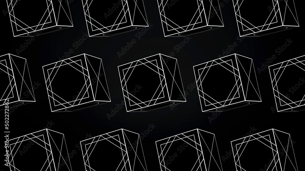 Poster rotating cubes animation - looping. animation rotating cubes of white lines on black background