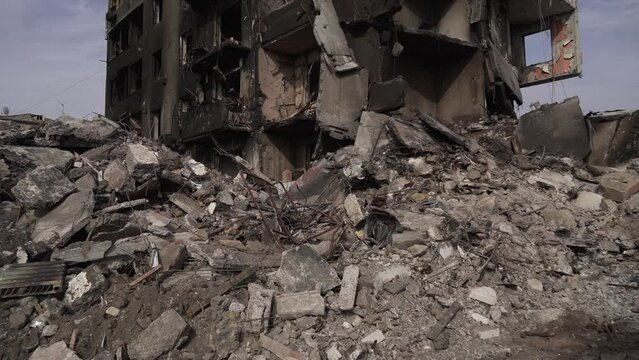 Bombed high-rise apartment building. War in Ukraine.