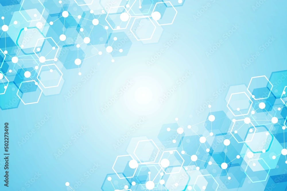 Poster science network pattern, connecting lines and dots. technology hexagons structure or molecular conne