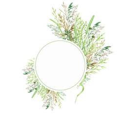 Obraz premium Watercolor greenery frame, Floral grass wreath. Hand drawn wild meadow herbs floral Botanical illustration isolated on white background, greeting card Round border with copy space for text