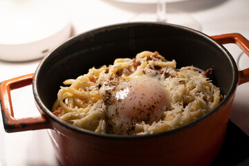 Carbonara pasta with egg on pan Padova