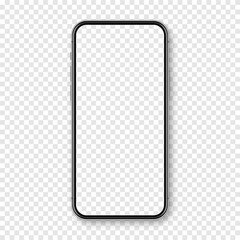 Realistic smartphone with blank touch screen on checkered background. Frameless mobile phone in front view. High quality detailed device mockup. Vector illustration.