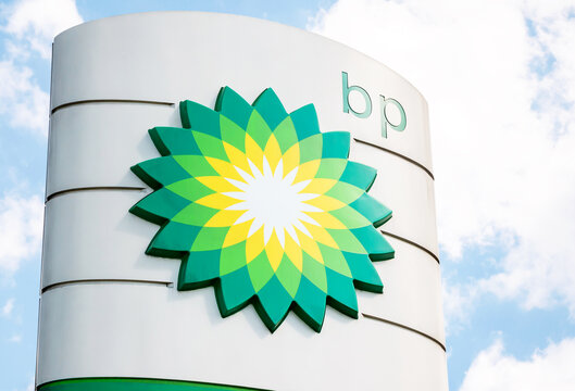BP plc British oil and gas company logo, brand signage, gas station signpost emblem object extreme closeup, detail, nobody. Petrol station, business, industry