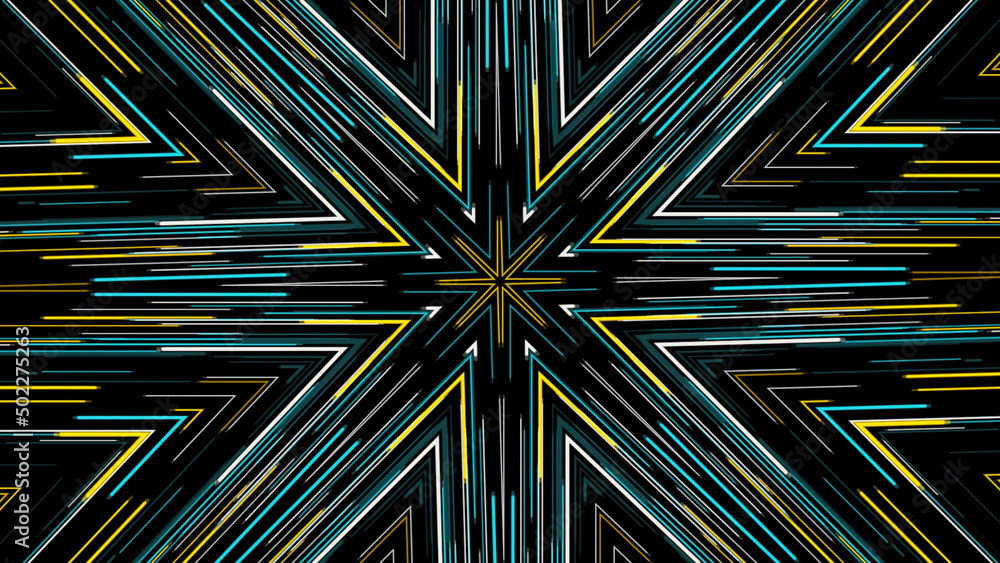 Poster hypnotic abstract kaleidoscope with moving neon rows of lines changing their color. animation. live 