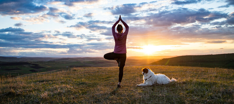 woman with white dog doing yoga at sunset tree pose  vrksasana