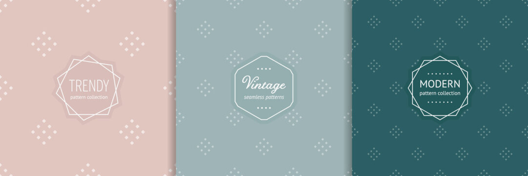 Vector minimalist seamless pattern collection with stylish modern labels. Trendy minimal cover designs. Abstract geometric floral texture. Soft pink, mint, teal color. Background design templates