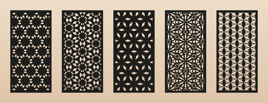 Vector laser cut templates. Modern abstract geometric panels with floral patterns, grid, lattice. Oriental style ornaments. Template for cnc cutting, decorative panels of metal, wood. Aspect ratio 1:2