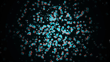 Abstract animation of small neon multicolored 3d particles floating slowly on the black background. Animation. Beautiful colorful abstract background