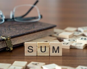 sum word or concept represented by wooden letter tiles on a wooden table with glasses and a book