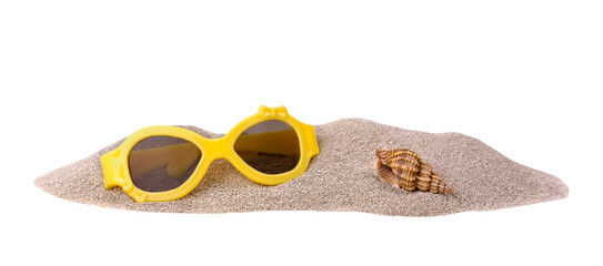 holidays and sand beach. Sunglasses and shell on white background with copy space