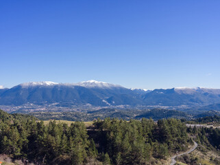 Snowy mountain range in countryside