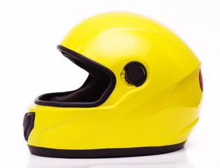 Yellow helmet for motorsport without glazing. Close-up