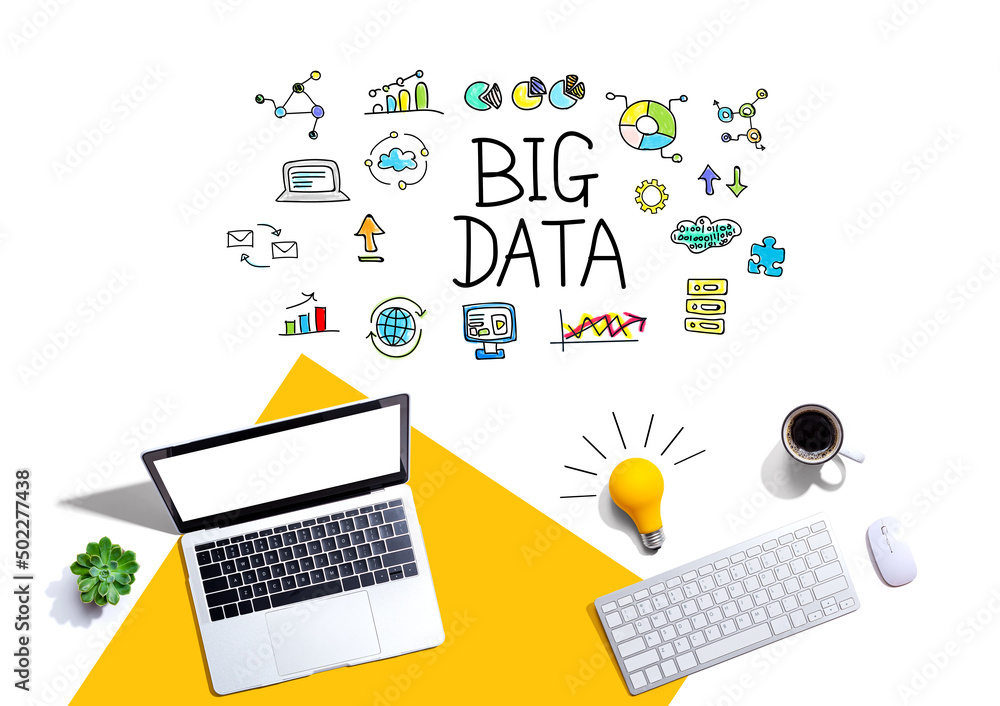Poster big data theme with computers and a light bulb
